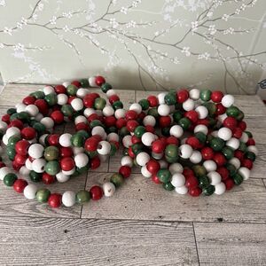 Vintage 9 ft WOODEN BEAD Christmas Tree Garland Strands Red Green White LOT OF 2